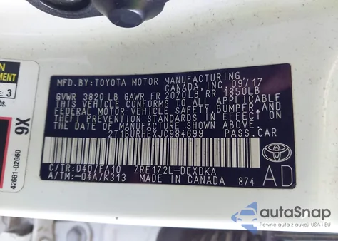 2018 Toyota Corolla L из США, поврежденный, VIN 2T1BURHEXJC984699